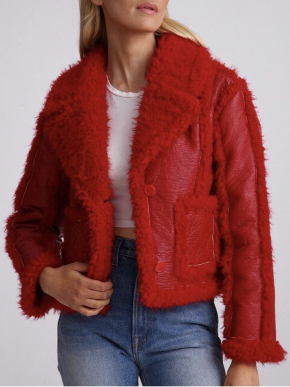 7 For All Mankind Stella Red Bold Vegan Leather Faux Shearling Cropped Jacket